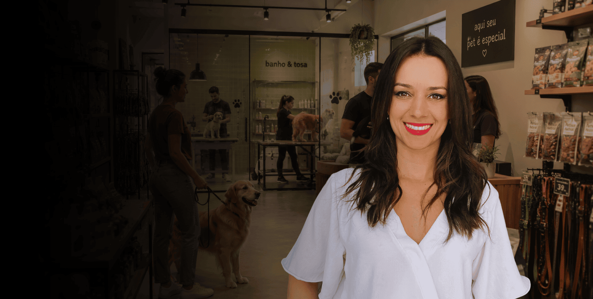 Tatiane Begnossi em um pet shop moderno